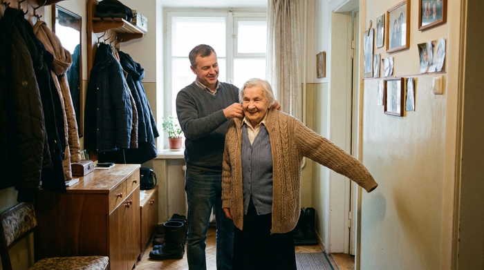 Pflegender Sohn hilft seiner lächelnden Mutter beim Anziehen einer Jacke im Flur