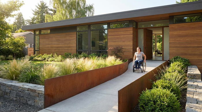 Rollstuhlrampe am Eingang eines modernen Einfamilienhauses