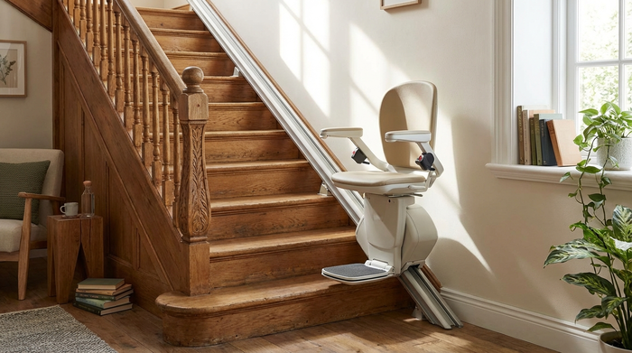 Elektrischer Treppenlift an einer geraden Holztreppe im Innenbereich
