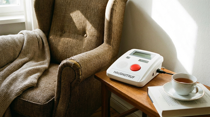 Hausnotruf-Gerät auf einem kleinen Tisch neben einem Sessel