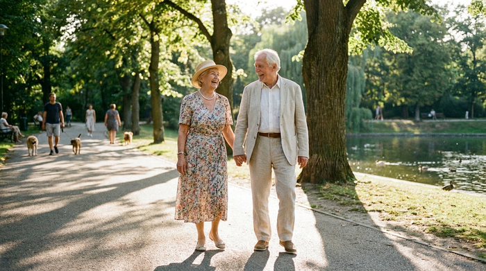 Seniorenpaar spaziert entspannt an einem sonnigen Tag durch einen grünen Park