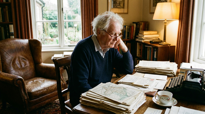 Senior sitzt nachdenklich am Schreibtisch mit Dokumenten