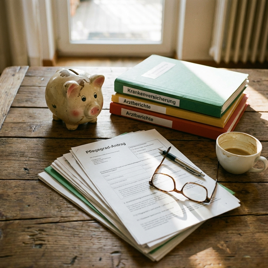Sparschwein neben Pflege-Dokumenten auf Holztisch
