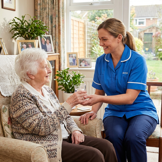 Freundliche Pflegerin reicht Seniorin ein Glas Wasser