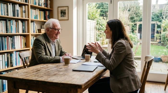 Senior und Beraterin im Gespräch am Tisch