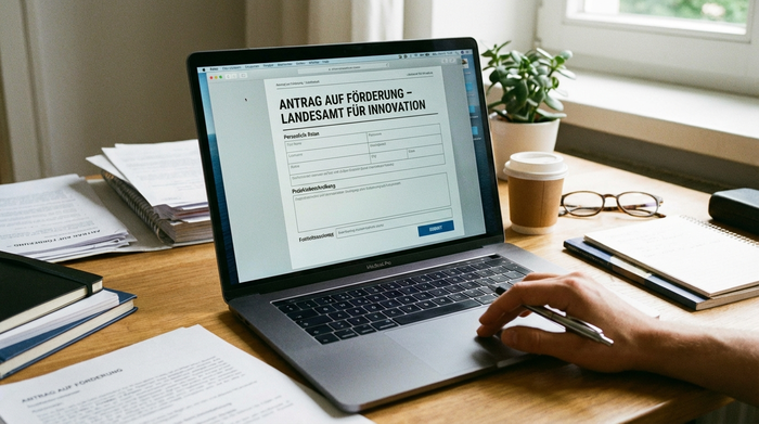 Laptop mit geöffnetem Antragsformular auf Schreibtisch