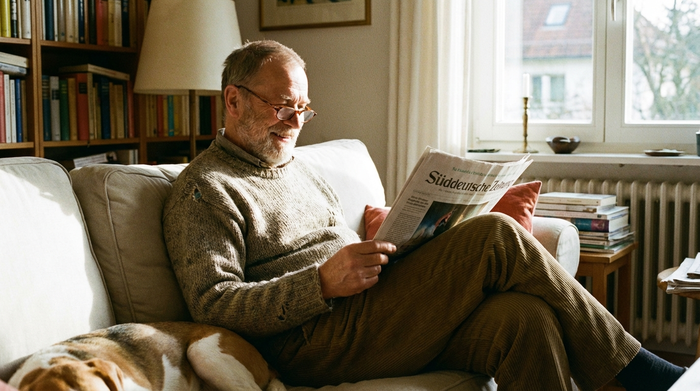 Entspannter Senior liest Zeitung auf dem Sofa
