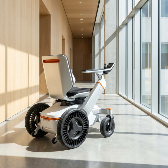 Moderner elektrischer Rollstuhl in hellem Flur