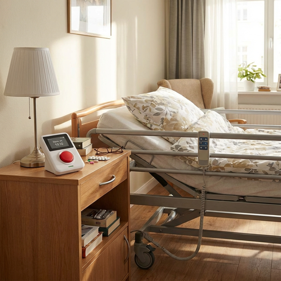 Hausnotruf-Gerät auf Nachttisch neben Pflegebett