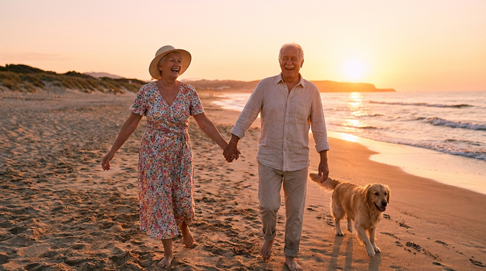 Zwei fröhliche Senioren spazieren Hand in Hand an einem sonnigen Sandstrand, weiches Abendlicht