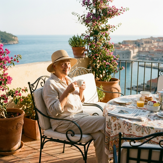 Ältere Dame sitzt entspannt auf einer mediterranen Terrasse und trinkt Kaffee