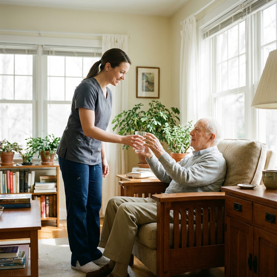 Pflegekraft reicht einem Senior ein Glas Wasser in einem hellen, freundlichen Wohnzimmer