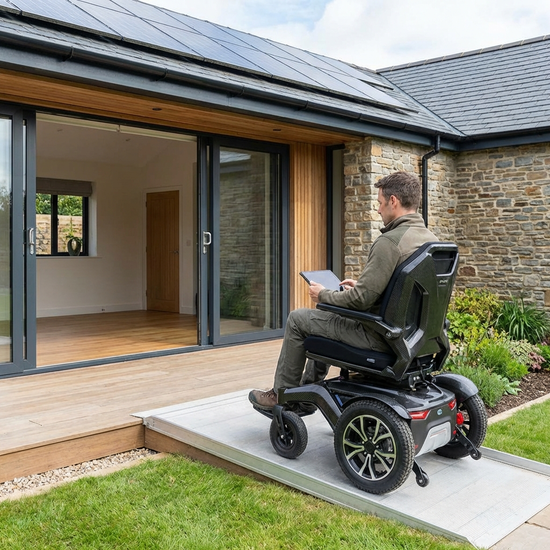 Moderner elektrischer Rollstuhl vor einem barrierefreien Hauseingang
