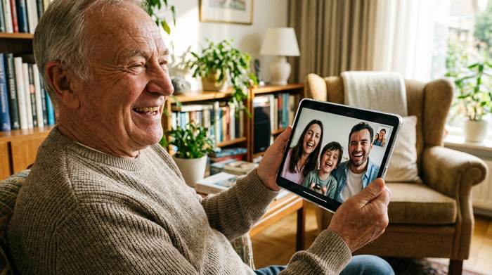 Senior hält ein Tablet in der Hand und führt einen fröhlichen Videoanruf