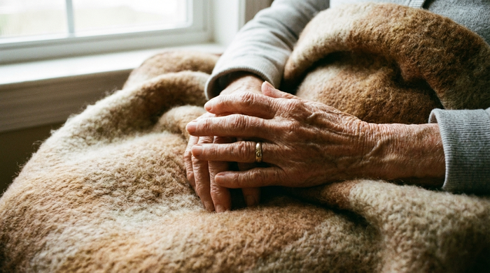 Zwei ältere Hände, die sich liebevoll halten, ruhen auf einer weichen, kuscheligen Decke