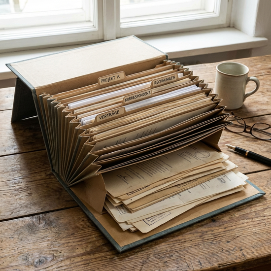 Ein geöffneter Aktenordner mit ordentlich strukturierten Dokumenten liegt auf einem Holztisch