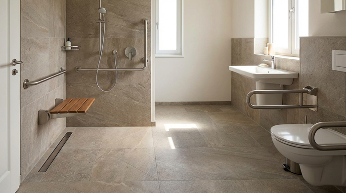 Modernes, barrierefreies Badezimmer mit bodengleicher Dusche und stabilen Haltegriffen