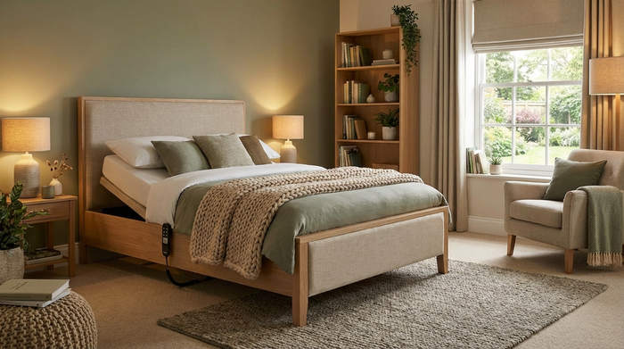 Gemütlich eingerichtetes Schlafzimmer mit einem modernen, unauffälligen Pflegebett