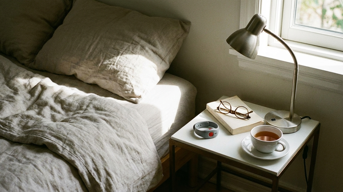 Hausnotruf-Armband liegt griffbereit auf einem kleinen Nachttisch neben dem Bett
