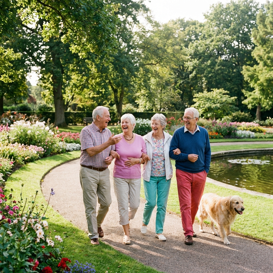 Eine kleine Gruppe von Senioren spaziert lachend durch einen gepflegten Park