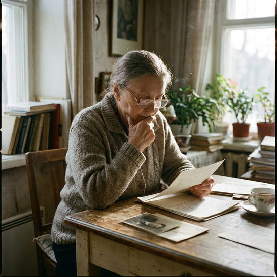 Seniorin betrachtet nachdenklich ein Dokument am Tisch