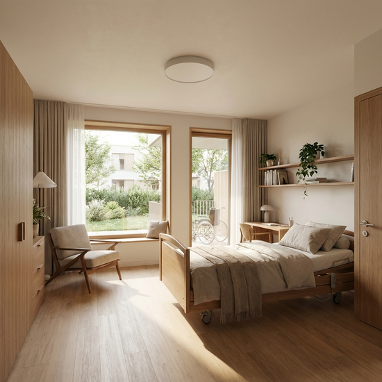 Modernes, helles Pflegeheimzimmer mit komfortablem Bett und großem Fenster