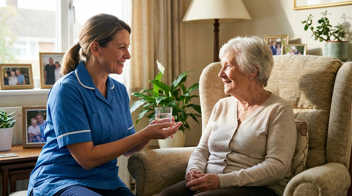 Pflegekraft und Senior lächeln sich bei der Medikamentengabe an