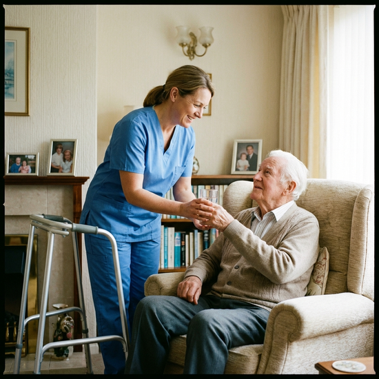 Pflegekraft reicht einem älteren Herrn ein Glas Wasser