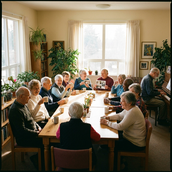Senioren sitzen gemeinsam im hellen Aufenthaltsraum bei einer Tasse Kaffee