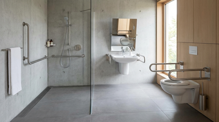 Modernes, barrierefreies Badezimmer mit Haltegriffen und ebenerdiger Dusche