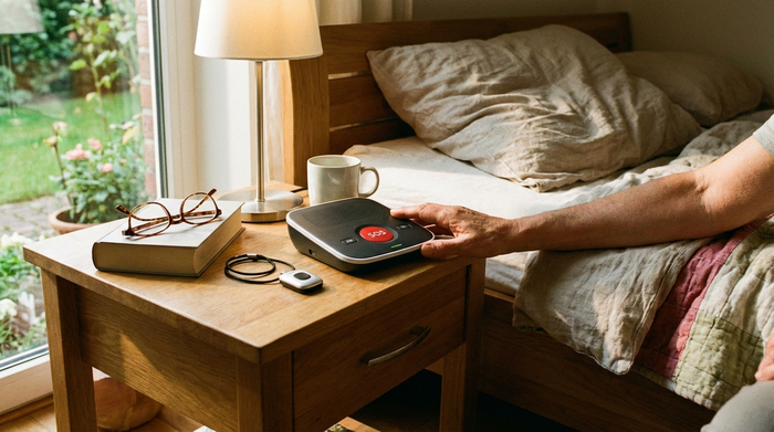 Hausnotruf-Gerät auf einem Nachttisch neben dem Bett