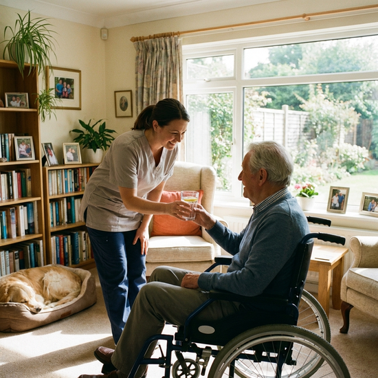 Pflegerin reicht einem Senior im Rollstuhl ein Glas Wasser im hellen Wohnzimmer.