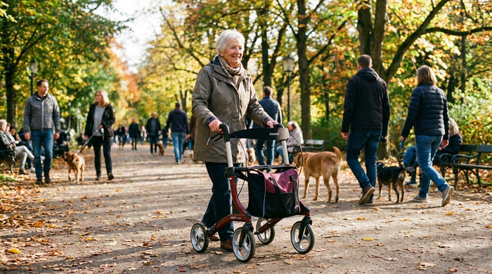 Seniorin geht sicher mit einem modernen Rollator durch den Park.