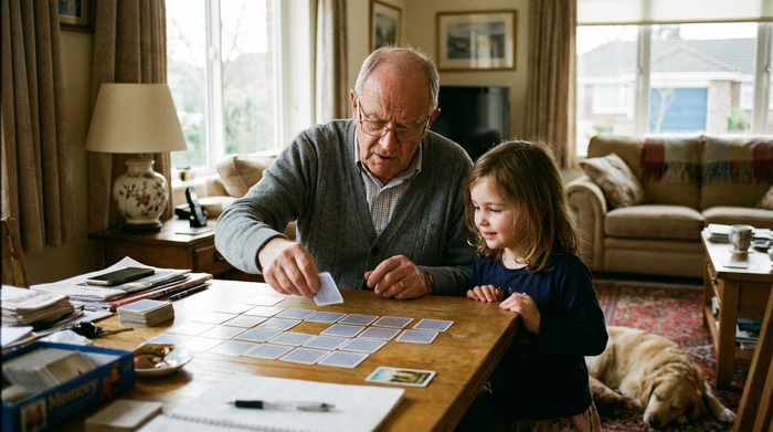 Älterer Herr spielt konzentriert Memory mit seiner Enkelin am Tisch.