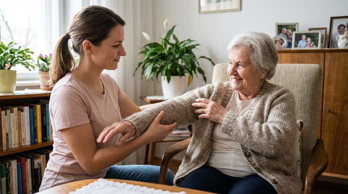 Pflegekraft hilft Seniorin behutsam beim Anziehen einer Strickjacke.