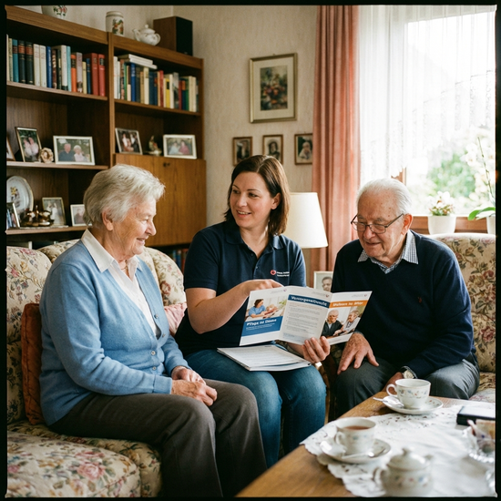 Pflegeberaterin erklärt einem älteren Ehepaar verschiedene Broschüren auf dem Sofa.