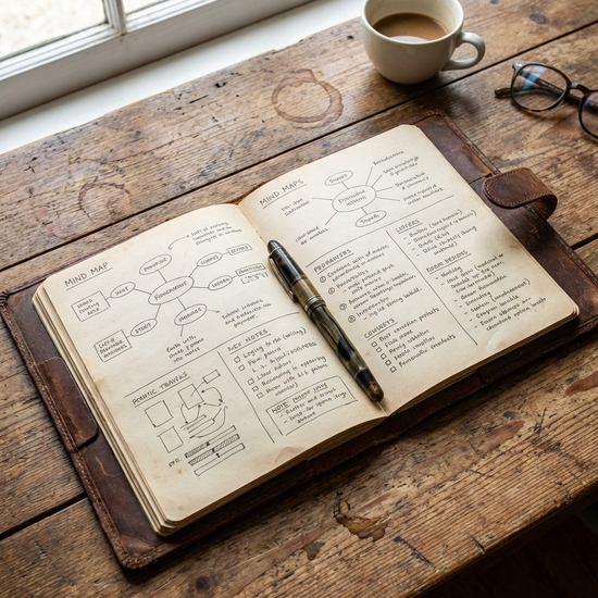 Geöffnete Mappe mit strukturierten Notizen und einem Stift auf einem Holztisch.