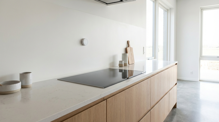 Eine moderne, saubere Küchenzeile mit einem Induktionsherd. Über dem Herd ist ein dezenter, weißer Sensor an der Wand montiert. Aufgeräumte Arbeitsplatte, helles Tageslicht fällt in den Raum.