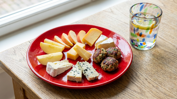 Ein leuchtend roter Teller auf einem hellen Holztisch. Darauf liegen appetitlich angerichtete, mundgerechte Käsestücke, Apfelspalten und kleine Frikadellen. Ein buntes Glas Wasser steht direkt daneben.
