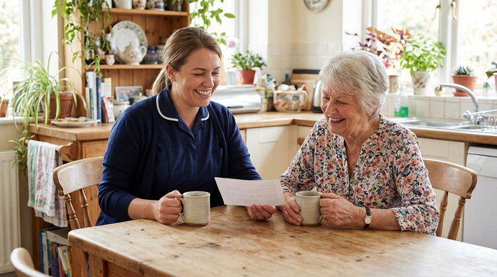 Eine freundliche Pflegekraft in dezenter Kleidung sitzt mit einer älteren Dame am Küchentisch. Beide schauen lächelnd auf ein Blatt Papier und trinken Kaffee.