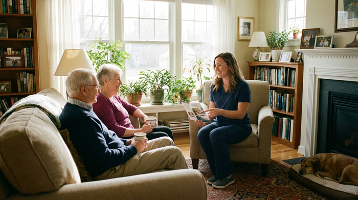 Freundliche Pflegekraft berät ein älteres Ehepaar im hellen Wohnzimmer bei einer Tasse Kaffee
