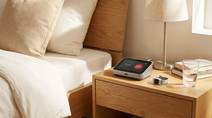 Modernes Hausnotruf-Gerät auf einem Nachttisch neben dem Bett