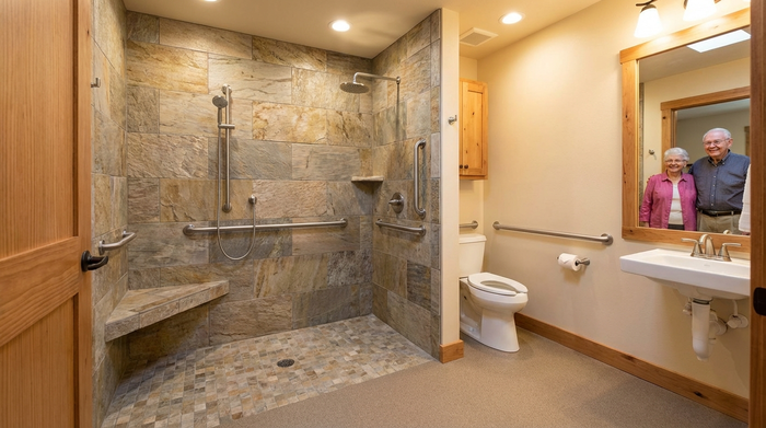 Seniorengerechtes Badezimmer mit bodengleicher Dusche und Haltegriffen