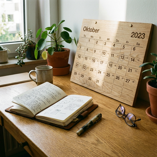 Notizbuch mit Stift und Kalender auf einem Schreibtisch
