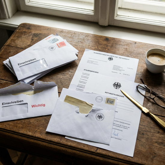 Geöffnete Post mit offiziell aussehenden Dokumenten auf einem Tisch
