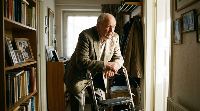 Älterer Herr stützt sich auf seinen Rollator im Flur seiner Wohnung