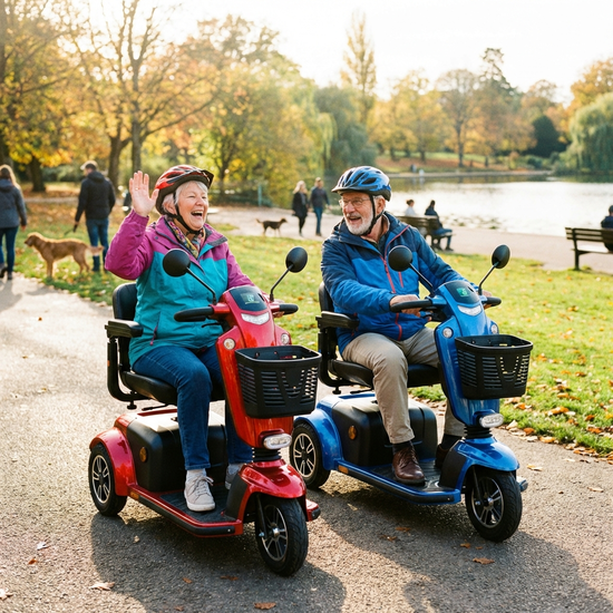 Seniorenpaar fährt fröhlich mit zwei modernen Elektromobilen durch einen Park