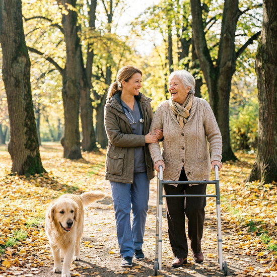 Liebevolle Pflegerin geht gemeinsam mit einer älteren Dame spazieren