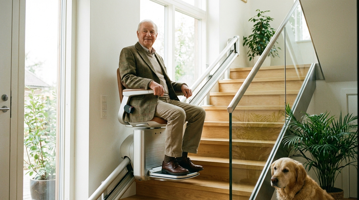 Älterer Herr sitzt sicher auf einem modernen Treppenlift in einem hellen Treppenhaus und lächelt zufrieden.