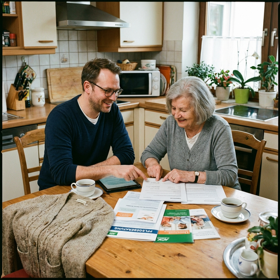 Pflegeberater und Seniorin sitzen gemeinsam am Küchentisch und besprechen Dokumente.